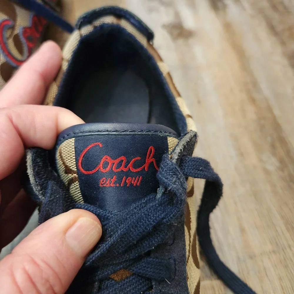 Coach Devin Signature Monogram Navy Suede Tan Canvas Low Top‎ Sneakers 5.5 Logo